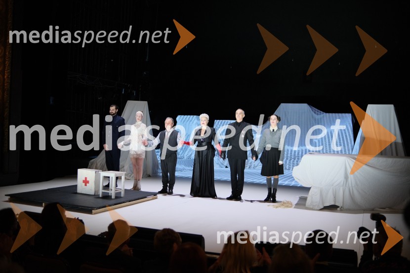  Domen Novak, igralec ;  Eva Jesenovec, igralka;  Bojan Emeršič, igralec;  Nataša Barbara Gračner, režiserka in igralka;   Igor  Samobor, igralec;  Petra Govc, igralkaMrtvaški ples Augusta Strindberga v režiji Eduarda Milerja