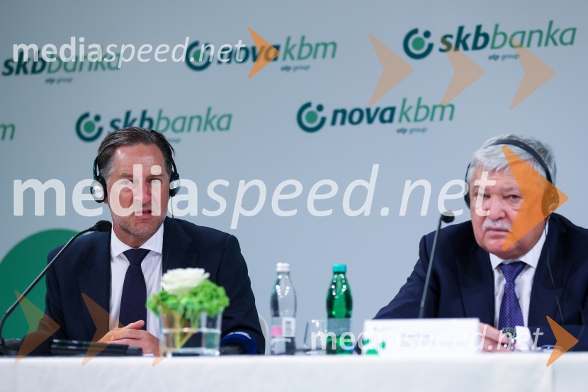  John Denhof, predsednik uprave NKBM;  Sándor Csányi, predsednik in glavni izvršni direktor, OTP BankNova KBM postala članica skupine OTP, novinarska konferenca