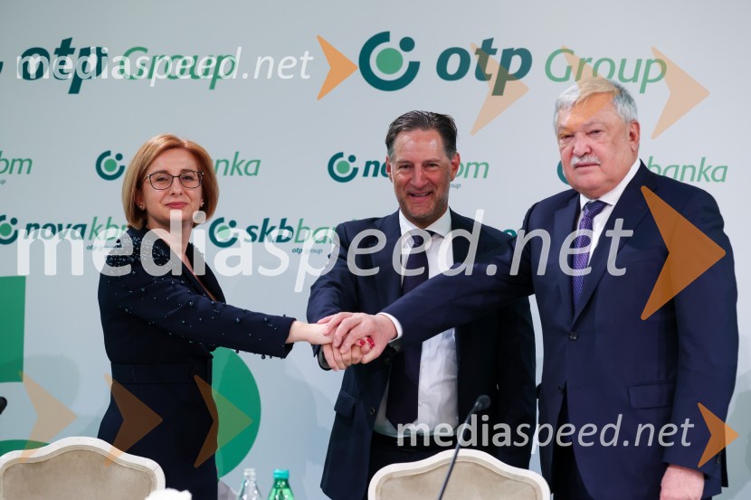 mag. Anita Stojčevska, glavna izvršna direktorica SKB;  John Denhof, predsednik uprave NKBM;  Sándor Csányi, predsednik in glavni izvršni direktor, OTP BankNova KBM postala članica skupine OTP, novinarska konferenca