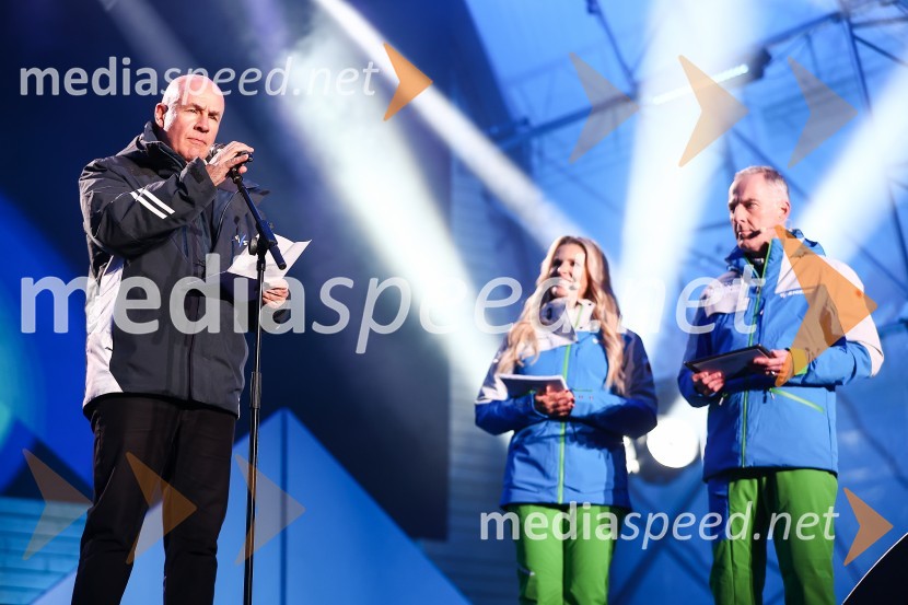  Johan Eliasch, predsednik Mednarodne smučarske zveze;  Bernarda Žarn, voditeljica;  Igor Evgen Bergant, novinar in TV voditelj43. FIS svetovno prvenstvo v nordijskem smučanju, slovesnost ob odprtju