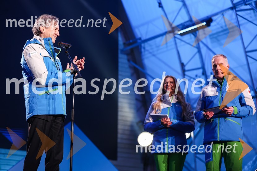 dr. Robert Golob, predsednik vlade RS;  Bernarda Žarn, voditeljica;  Igor Evgen Bergant, novinar in TV voditelj43. FIS svetovno prvenstvo v nordijskem smučanju, slovesnost ob odprtju