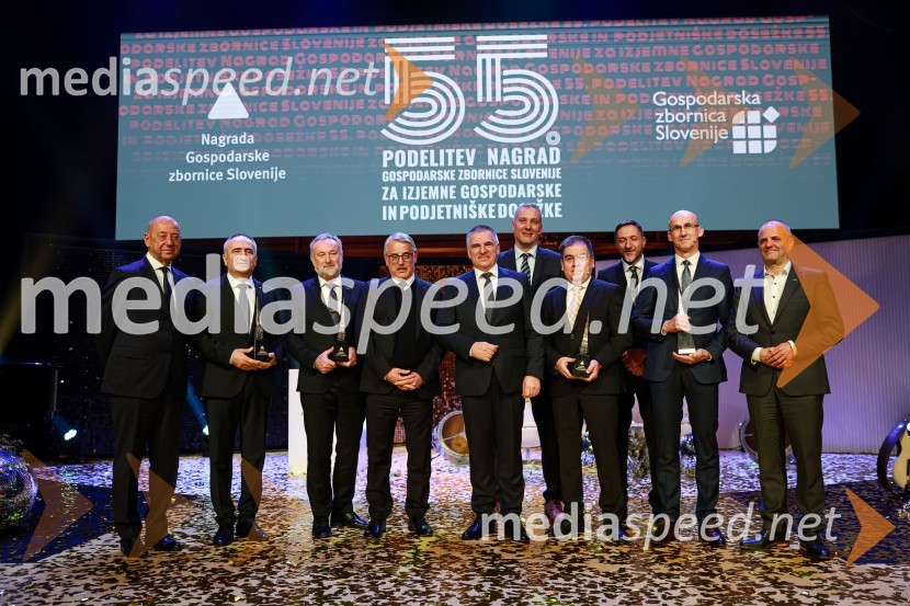  Tibor Šimonka, predsednik Gospodarske zbornice Slovenije ;  Ivan Cajzek, direktor družbe GIC gradnje;  Radko Luzar, L-Tek Elektronika;  Matjaž Han, minister za gospodarski razvoj in tehnologijo;  Marko Lotrič, Lotrič d.o.o. ;  Igor Zorko, ZZI d.o.o.;  Primož Mlačnik, direktor, KO-SI d.o.o;  Klemen Boštjančič, minister za finance; dr. Andrej Lešnjak, direktor, Q Techa d.o.o.;  Uroš Brežan, minister za okolje in prostor55. podelitev Nagrad GZS za izjemne gospodarske in podjetniške dosežke