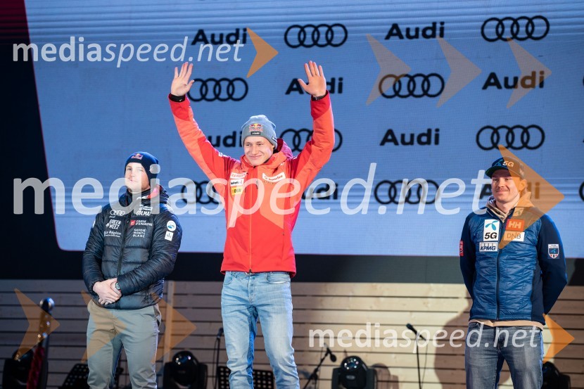  Alexis Pinturault, smučar (Francija);  Marco Odermatt, smučar (Švica);  Henrik Kristoffersen, smučar (Norveška)Podelitev pokalov sobotnega veleslaloma in javni žreb, 62. Pokal Vitranc