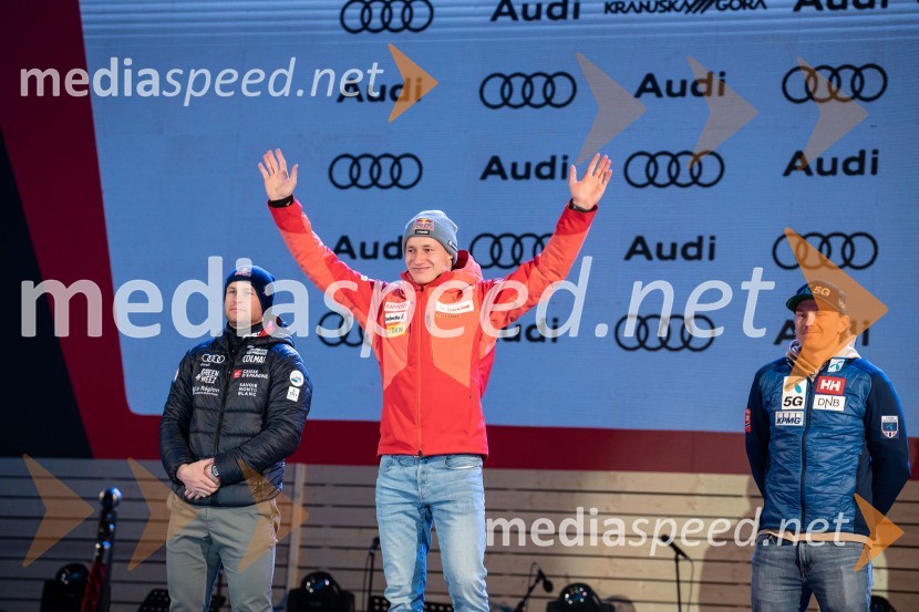  Alexis Pinturault, smučar (Francija);  Marco Odermatt, smučar (Švica);  Henrik Kristoffersen, smučar (Norveška)Podelitev pokalov sobotnega veleslaloma in javni žreb, 62. Pokal Vitranc