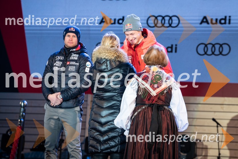  Alexis Pinturault, smučar (Francija);  Marco Odermatt, smučar (Švica)Podelitev pokalov sobotnega veleslaloma in javni žreb, 62. Pokal Vitranc