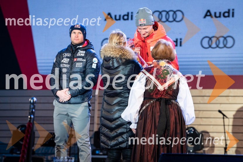  Alexis Pinturault, smučar (Francija);  Marco Odermatt, smučar (Švica)Podelitev pokalov sobotnega veleslaloma in javni žreb, 62. Pokal Vitranc