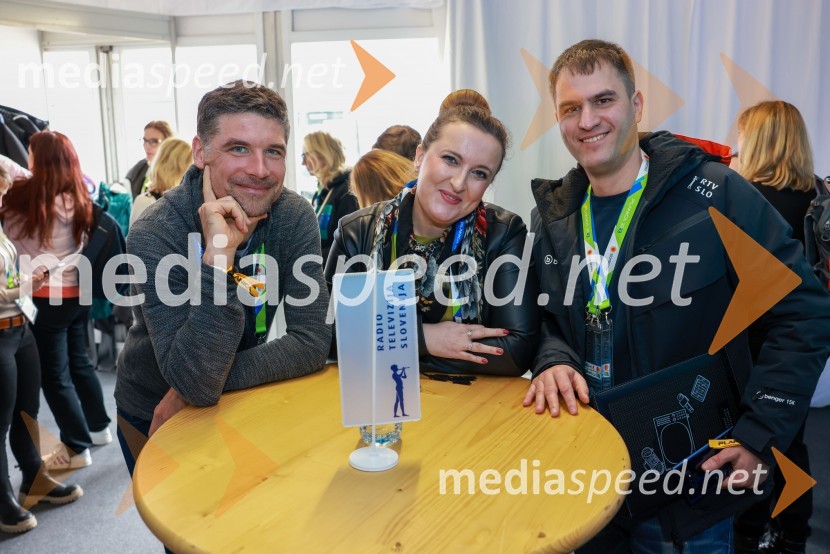 dr. Peter Gregorčič,  predsednik Programskega sveta, RTV Slovenija;  Petra Bezjak Cirman, vršilka dolžnosti direktorja, Urad vlade za komuniciranje;  Andrej Grah Whatmough, v. d. generalnega direktorja RTV SlovenijaRTV Slovenija, srečanje s partnerji v Planici