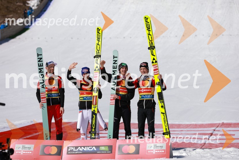  Michael  Hayböeck, smučarski skakalec (Avstrija);  Stefan Kraft, smučarski skakalec (Avstrija);  Jan Hörl, smučarski skakalec (Avstrija);  Daniel Tschofenig, smučarski skakalec (Avstrija)Planica 2023, sobota