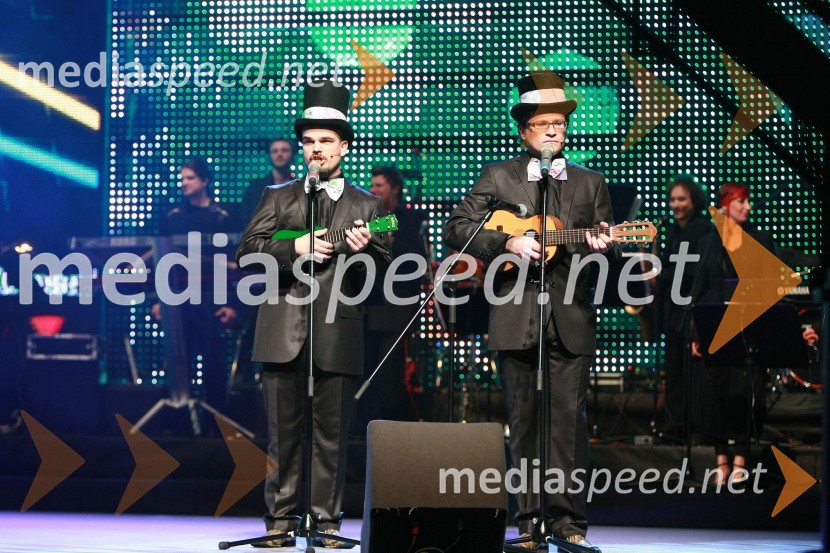 Voditelja Jure Bračič in Igor Karas (Slon in Sadež)Viktorji 2008, dogajanje na odru in v dvorani