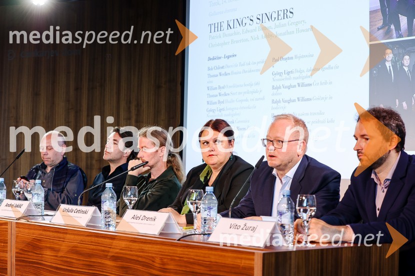  Milko Lazar, skladatelj, pianist;  Edward Clug, umetniški direktor, Balet SNG Maribor;  Andrej Jaklič, Cankarjev dom;  Uršula Cetinski, generalna direktorica, Cankarjev dom; mag. Aleš Drenik, vodja programa resne glasbe, opere in balet, Cankarjev dom;  Vito Žuraj, skladateljNovinarska konferenca Cankarjevega doma s predstavitvijo nove sezone 2023/24