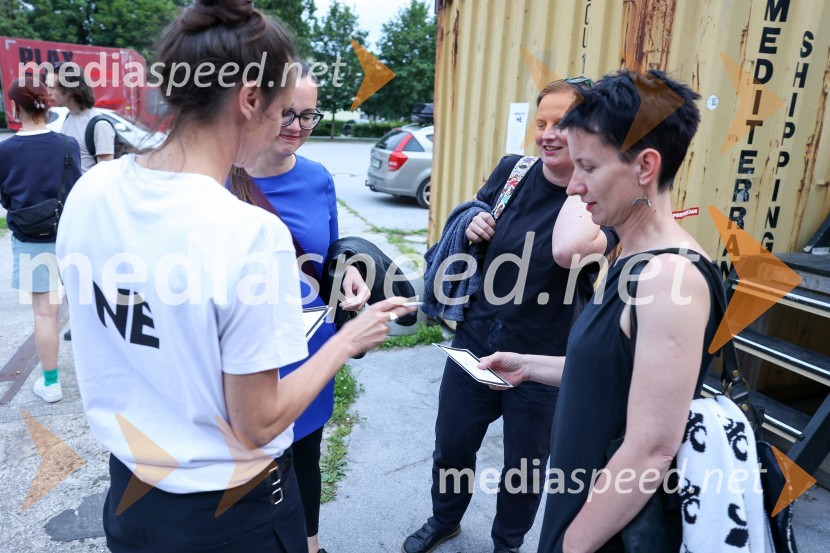  Katarina Stegnar, igralka;  Tamara Bračič Vidmar, producentka, Bunker Ljubljana, koordinator mednarodne mreže Balkan Express;  ... ;  Maja Vižin, BunkerOtvoritev Festivala performansa s predstavo Sladke skrbi