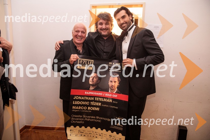  Marco Boemi, dirigent;  Ludovic Tézier, operni pevec;  Jonathan Tetelman, operni pevecV Slovenski filharmoniji  nastopila baritonist Ludovic Tézier in tenorist  Jonathan Tetelman, 71. Ljubljana Festival