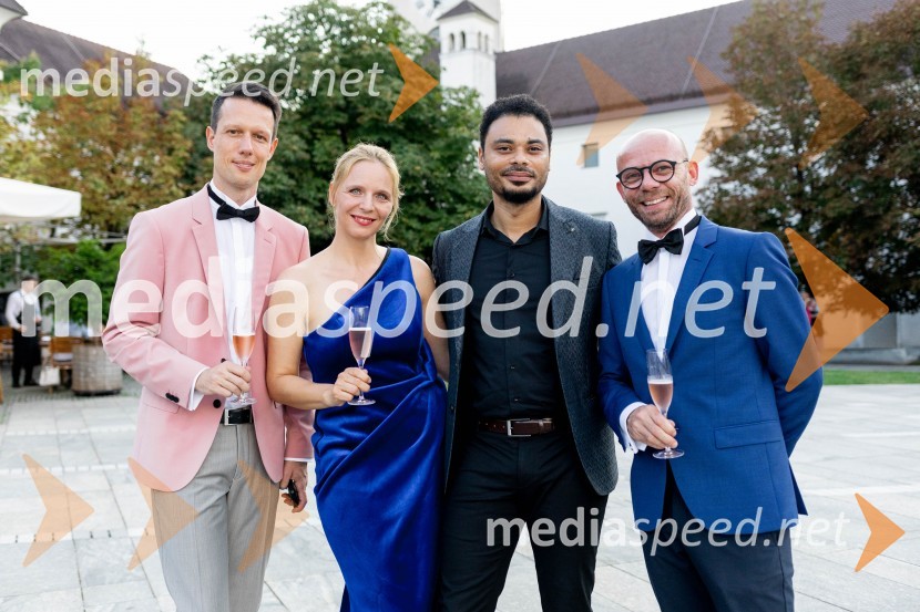  Matej Črnjavič, strokovnjak za odnose z javnostmi;  Jasna Potrata, direktorica projektov Innovatif;  Cedric Klein;  Andrej Mahovič, arhitektLjubljanski grad gostil Dragon's Ball 2023