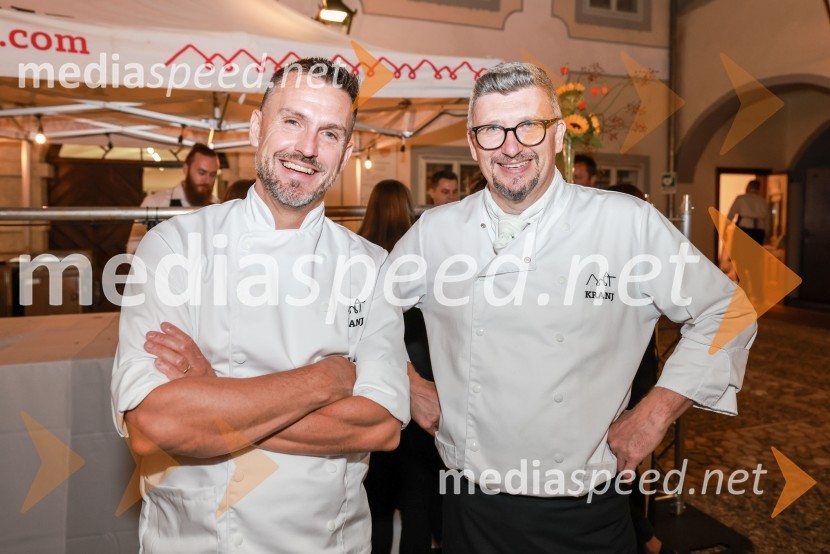  Igor Jagodic, kuharski mojster, restavracija Strelec;  Uroš Gorjanc, Gostilna KrištofKranjska dolga miza 2023