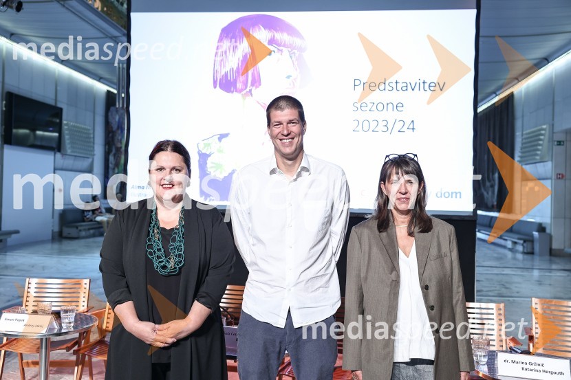  Uršula Cetinski, generalna direktorica, Cankarjev dom;  Goran Vojnović, pisatelj, kolumnist, režiser;  Barbara Rogelj, vodja humanističnega in kulturno-vzgojnega programa, Cankarjev domCankarjev dom predstavil repertoar sezone 2023/24