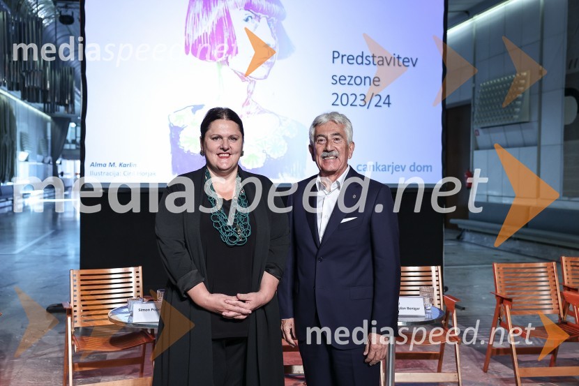  Uršula Cetinski, generalna direktorica, Cankarjev dom;  Rajko Kotnik, bivši višji državni odvetnik, predsednik Lions kluba Ljubljana RožnikCankarjev dom predstavil repertoar sezone 2023/24