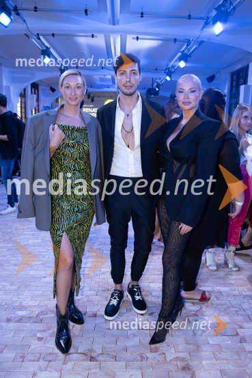  Špela Štamol, glavna urednica in vodja projekta GRAZIA Beauty Awards;  Kristjan Škamljič, frizer, Kiki hair Slo;  Doroteja Premužič, vizažistka, Diamondee Make UpLjubljana Fashion Week 2023, modne revije, drugi dan