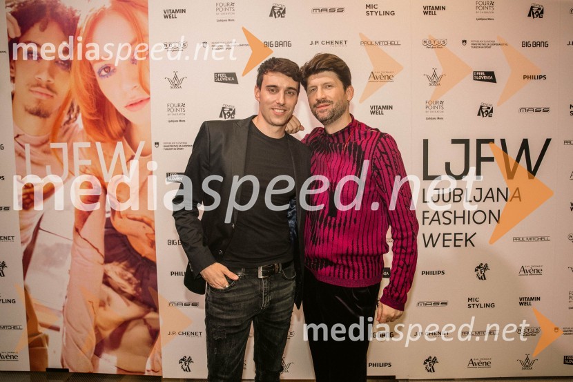  Nino Ošlak, pevec;  Tomaž Mihelič - Marlenna, član skupine SestreLjubljana Fashion Week 2023, modne revije, četrti dan