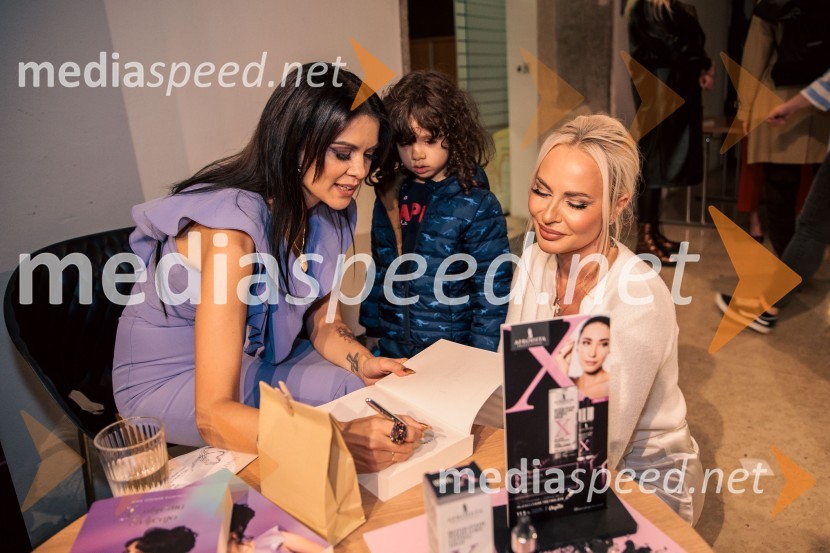  Nina Osenar Kontrec, pevka, voditeljica, model;  Marlon Kontrec;  Doroteja Premužič, vizažistka, Diamondee Make UpPredstavitev knjige Nine Osenar, V objemu življenja