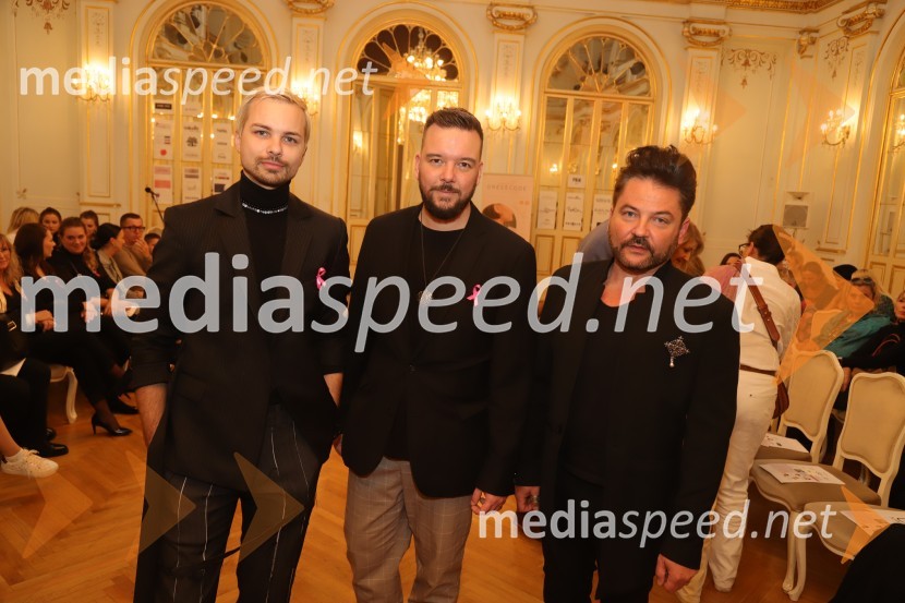  David Hojnik, modni oblikovalec DH fashion;  Denis Bende Živčec, novinar, Večer;  Miran Bende Živčec, direktor in lastnik, turistična agencija Galileo 3000Roza oktober 2023, modna revija