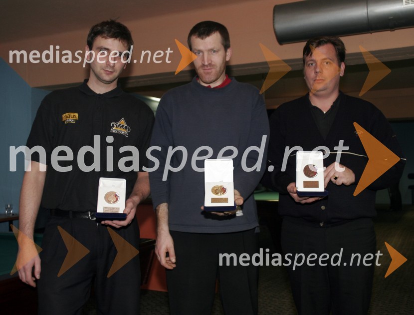 Rado Doroslovac (BK Ljubljana), 2.mesto, Jožko Marinko (KB Direkt), državni prvak in Andrej Zebec (BK Ljubljana), 3.mestoBiljard, Državno prvenstvo Straight pool (14+1)