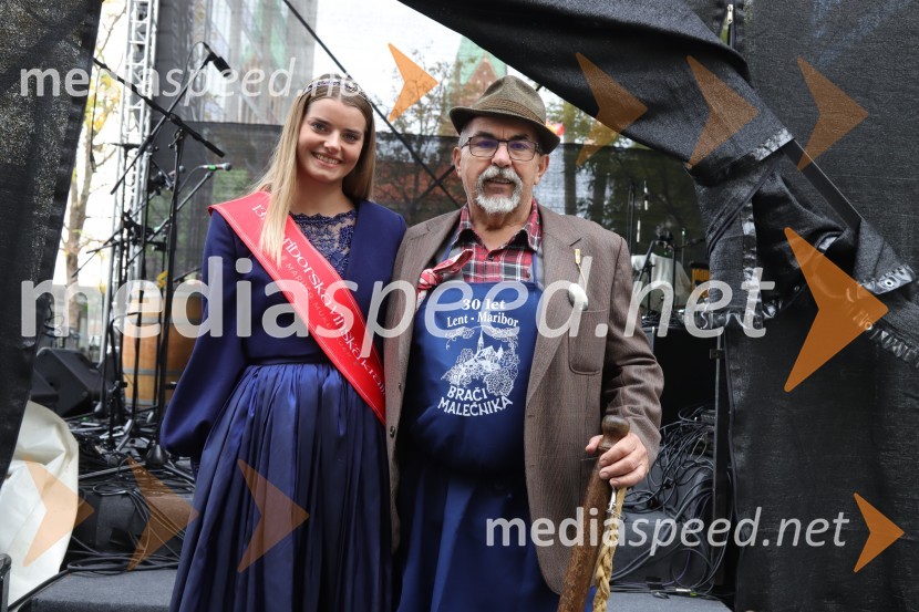  Maruša Mukenauer, Mariborska vinska kraljica 2023;  Alojz  Jenuš - Slavek, outar in brač iz MalečnikaMartinovanje v Mariboru 2023