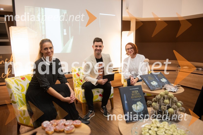  Mihaela Margan  Kocbek;  Denis Škerget, Perutnina Ptuj Group;  Nina Žitko Pucer, urednica, Cankarjeva založbaMoja bučna kuhinja, predstavitev knjige Miše Margan