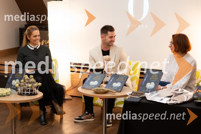  Mihaela Margan  Kocbek;  Denis Škerget, Perutnina Ptuj Group;  Nina Žitko Pucer, urednica, Cankarjeva založbaMoja bučna kuhinja, predstavitev knjige Miše Margan