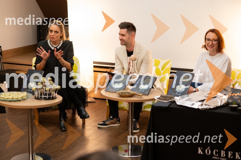  Mihaela Margan  Kocbek;  Denis Škerget, Perutnina Ptuj Group;  Nina Žitko Pucer, urednica, Cankarjeva založbaMoja bučna kuhinja, predstavitev knjige Miše Margan