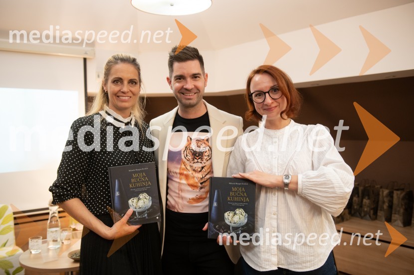  Mihaela Margan  Kocbek;  Denis Škerget, Perutnina Ptuj Group;  Nina Žitko Pucer, urednica, Cankarjeva založbaMoja bučna kuhinja, predstavitev knjige Miše Margan