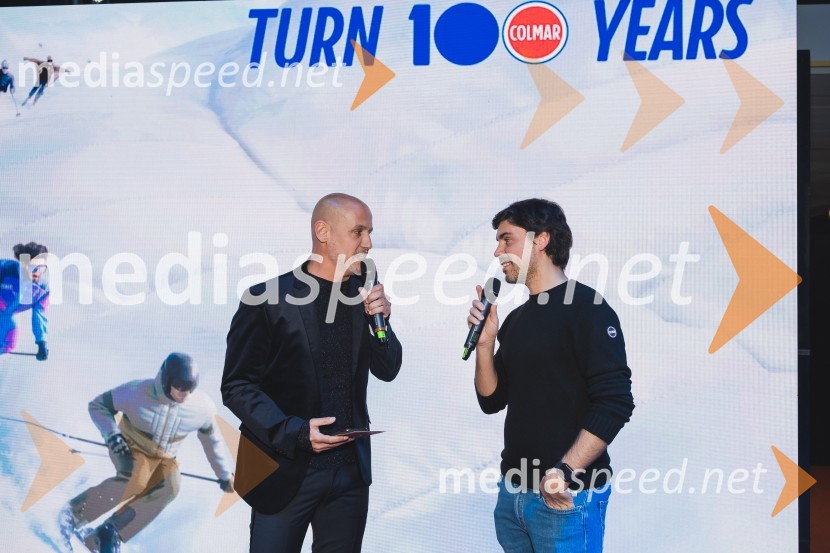  Peter Poles, televizijski voditelj;  Stefano Colombo, direktor prodaje in marketinga blagovne znamke Colmar100-letnica blagovne znamke Colmar