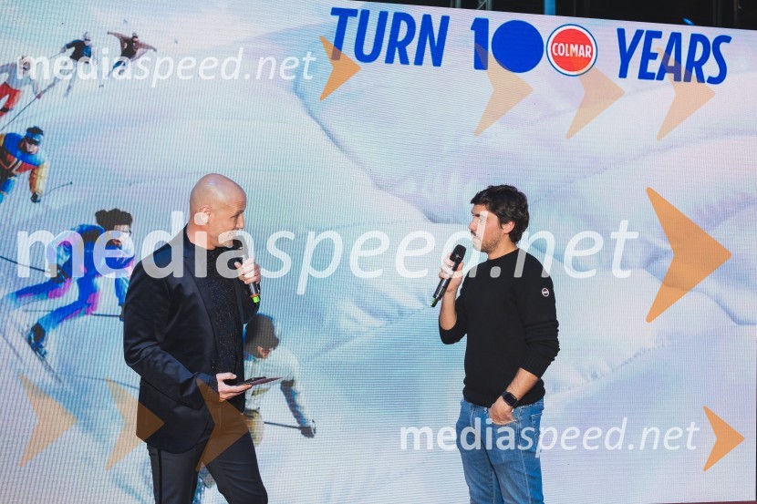  Peter Poles, televizijski voditelj;  Stefano Colombo, direktor prodaje in marketinga blagovne znamke Colmar100-letnica blagovne znamke Colmar