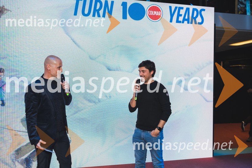  Peter Poles, televizijski voditelj;  Stefano Colombo, direktor prodaje in marketinga blagovne znamke Colmar100-letnica blagovne znamke Colmar