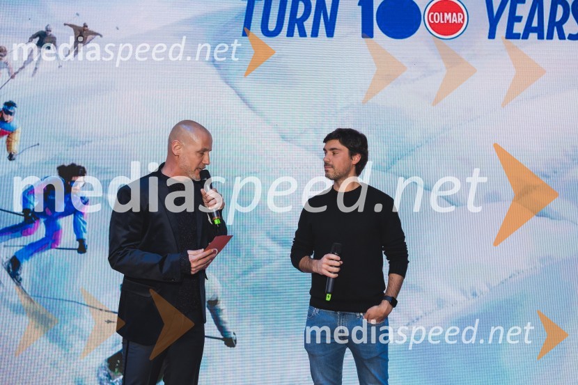  Peter Poles, televizijski voditelj;  Stefano Colombo, direktor prodaje in marketinga blagovne znamke Colmar100-letnica blagovne znamke Colmar