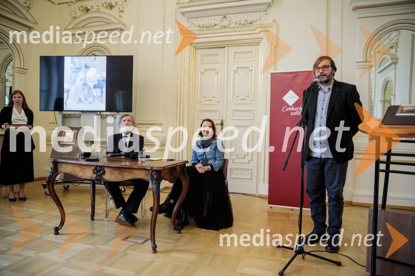 prof. dr. Milček Komelj, SAZU;  Nina Žitko Pucer, urednica, Cankarjeva založba;  Aljoša Harlamov, urednik Cankarjeve založbePredstavitev monografije Mojstri slovenskega impresionizma