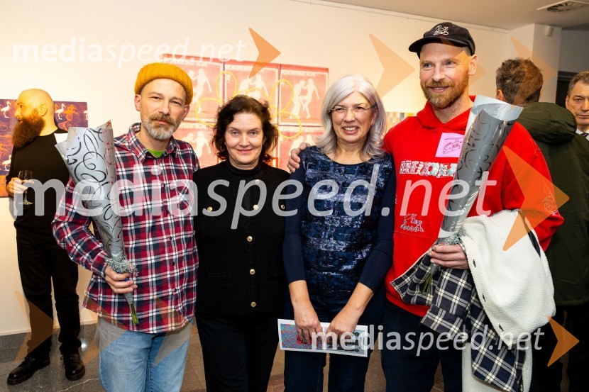  Miha Perne, slikar;  Petra  Bizilj Silva, kustosinja Generali galerije;  Olga  Pejović, predstavnica za odnose z javnostmi, Generali;   Leon Zuodar, slikarOdprtje razstave: Beli sladoled - Polnoletna, Generali Galerija