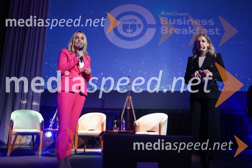  Ajša Vodnik, izvršna direktorica AmCham (Ameriška gospodarska zbornica);  Anja Hlača Ferjančič, novinarka, RTVAmCham Poslovna liderka in Poslovni lider leta 2024 sta Anita Ogulin in dr. Jure Leskovec