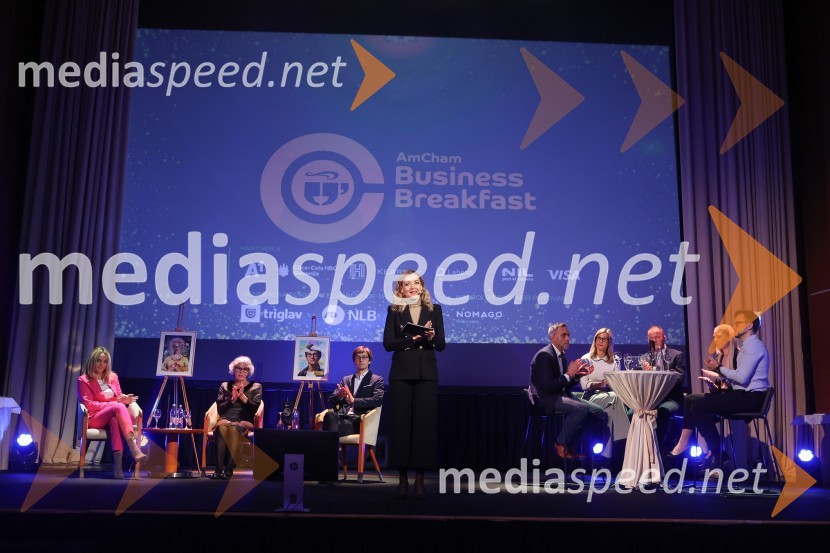  Anja Hlača Ferjančič, novinarka, RTVAmCham Poslovna liderka in Poslovni lider leta 2024 sta Anita Ogulin in dr. Jure Leskovec