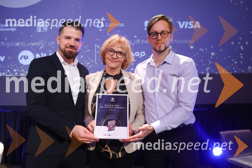 dr.  Jure Vajs, vodja strateških programov, Lek;  Darja Ferčej Temeljotov, Lek;   Irenej Jerič, LekAmCham Poslovna liderka in Poslovni lider leta 2024 sta Anita Ogulin in dr. Jure Leskovec