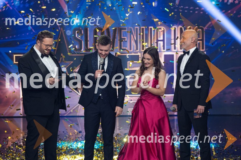  Sašo Stare, stand up komik, voditelj;  Domen Kljun, pevec;  Špela Šemrl, harmonikarica;  Peter Poles, televizijski voditeljZmagovalec letošnjih Talentov je Domen Kljun