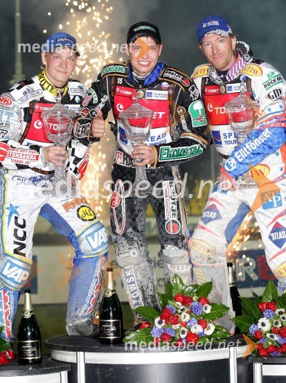 Fredrik Lindgren (Švedska), Emil Sayfutdinov (Rusija), Jason Crump (Avstralija)SPEEDWAY Grand Prix, VN Češke 2009
