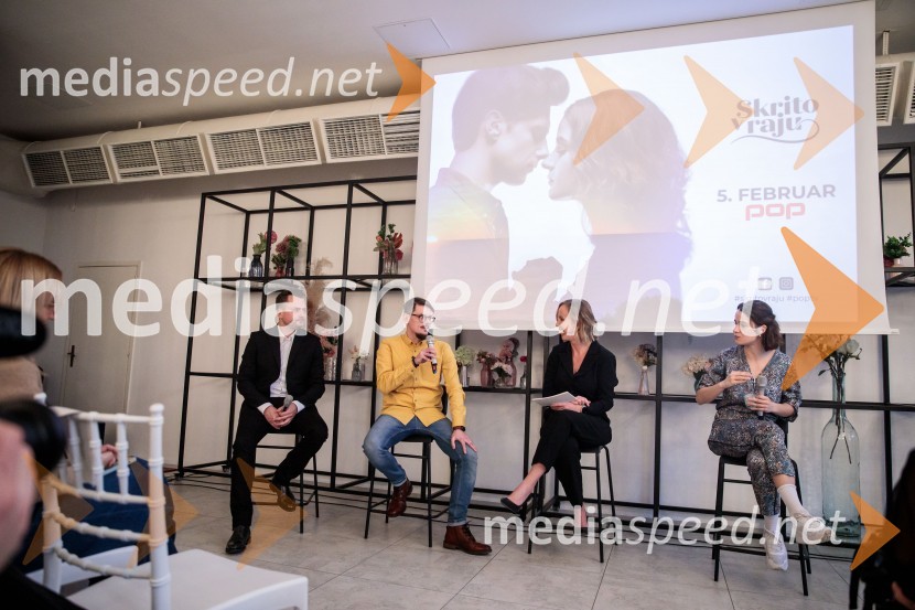  Dejan Krupić, igralec;  Nikolaj Vodošek, režiser;  Ota Širca Roš, voditeljica;  Gaja Filač, igralkaPrihaja nova slovenska serija SKRITO V RAJU