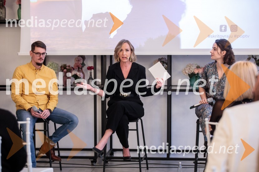  Nikolaj Vodošek, režiser;  Ota Širca Roš, voditeljica;  Gaja Filač, igralkaPrihaja nova slovenska serija SKRITO V RAJU