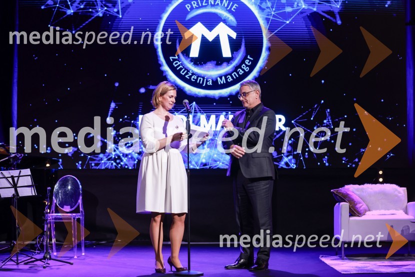  Tanja Subotić Levanič, direktorica korporativnih odnosov, Pivovarna Laško Union;  Matjaž Han, minister za gospodarstvo, turizem in športBranko Franc Selak prejemnik priznanja za življenjsko delo na področju managementa 2023