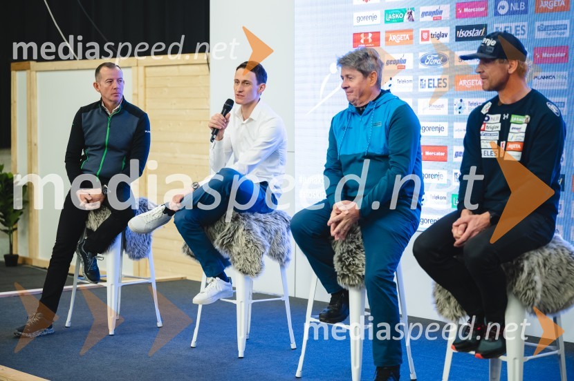  Enzo Smrekar, predsednik uprave Droge Kolinske in glavni direktor strateškega poslovnega področja v Atlantic Grupi, predsednik SZS, podpredsednik Olimpijskega komiteja Slovenije;  Peter  Prevc, smučarski skakalec;  Borut Meh, predsednik smučarskih skokov in nordijske kombinacije;  Gorazd  Pogorelčnik, vodja panoge skoki in nordijska kombinacijaNovinarska konferenca Petra Prevca ob zaključku njegove tekmovalne poti