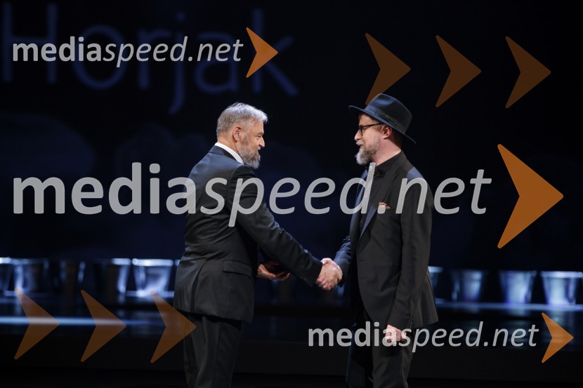 dr. Jožef Muhovič, predsednik Upravnega odbora Prešernovega sklada;  Ciril Horjak alias dr. Horowitz, ilustratorDržavna proslava ob kulturnem prazniku in podelitev Prešernovih nagrad 2024