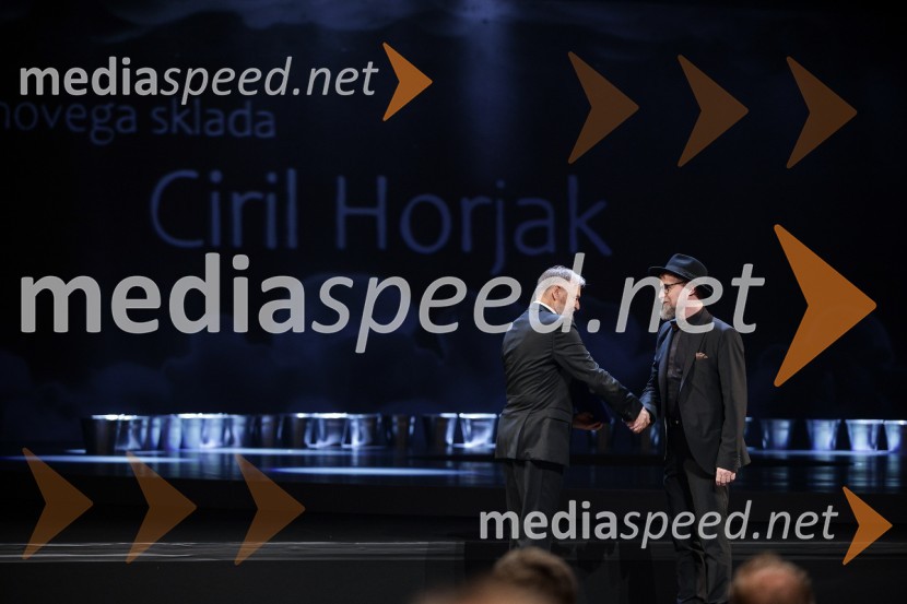 dr. Jožef Muhovič, predsednik Upravnega odbora Prešernovega sklada;  Ciril Horjak alias dr. Horowitz, ilustratorDržavna proslava ob kulturnem prazniku in podelitev Prešernovih nagrad 2024