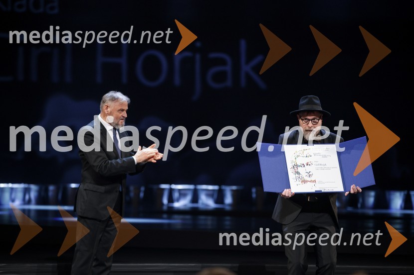 dr. Jožef Muhovič, predsednik Upravnega odbora Prešernovega sklada;  Ciril Horjak alias dr. Horowitz, ilustratorDržavna proslava ob kulturnem prazniku in podelitev Prešernovih nagrad 2024