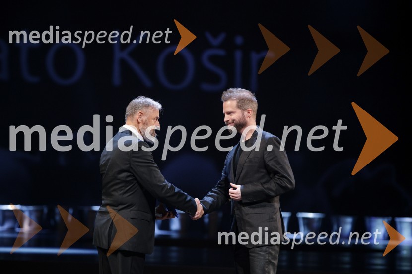 dr. Jožef Muhovič, predsednik Upravnega odbora Prešernovega sklada;  Tomato Košir, oblikovalecDržavna proslava ob kulturnem prazniku in podelitev Prešernovih nagrad 2024