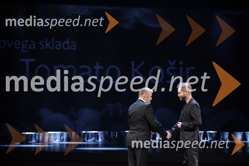 dr. Jožef Muhovič, predsednik Upravnega odbora Prešernovega sklada;  Tomato Košir, oblikovalecDržavna proslava ob kulturnem prazniku in podelitev Prešernovih nagrad 2024